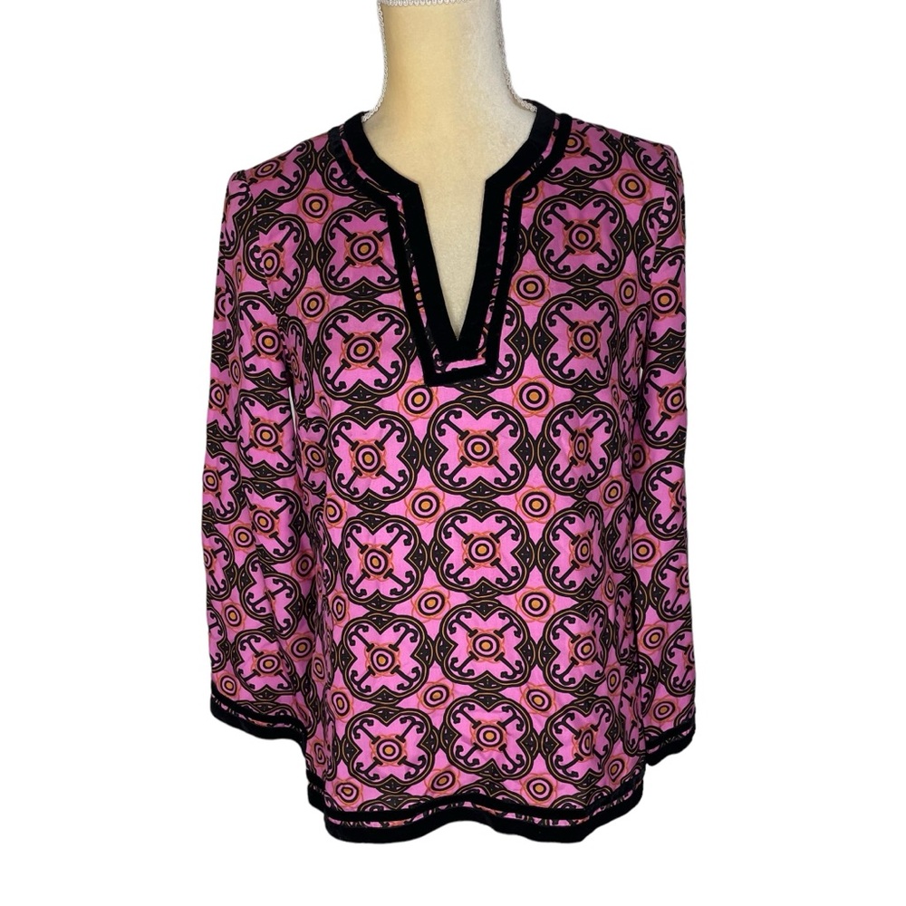 JULES REID‎ Pink Geometric Pattern Black Velvet Trim Tunic Cotton Size 4
